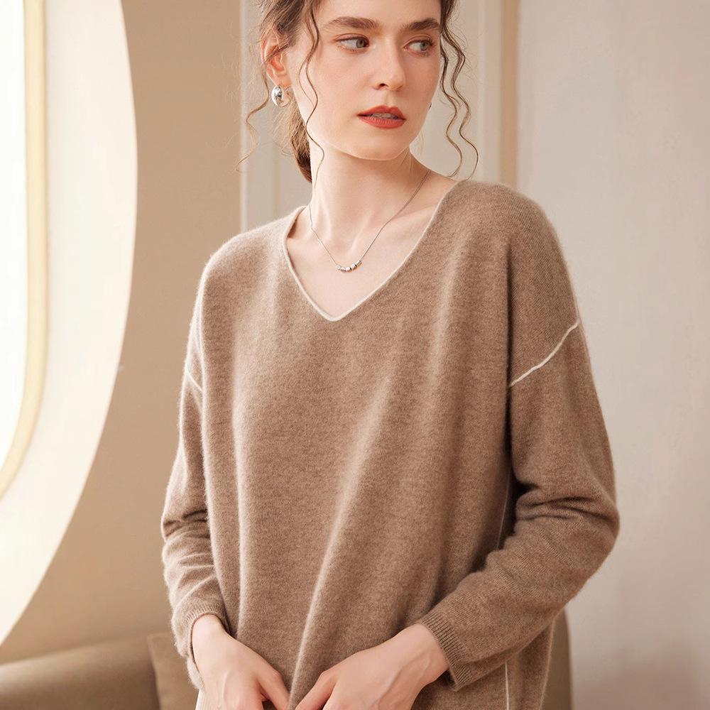2024 Autumn/Winter Women's Cashmere V-Neck Loose Knit Pullover Sweater - Long Sleeve, Lazy Style Fashion
