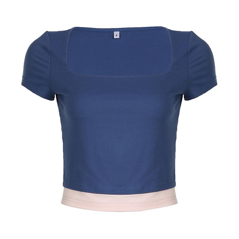 Color Block Square Neck Short Sleeve Slim Fit Cropped Top for Women Large синий