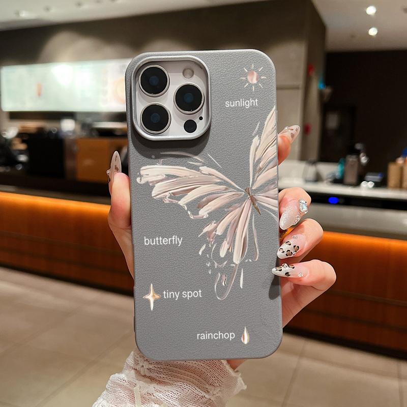 Simple Butterfly Print Shockproof Soft TPU Case For iPhone 16 Pro Max 15 Pro 14 13 12 11 Lens Protection Matte Leather Texture Slim Phone Cover