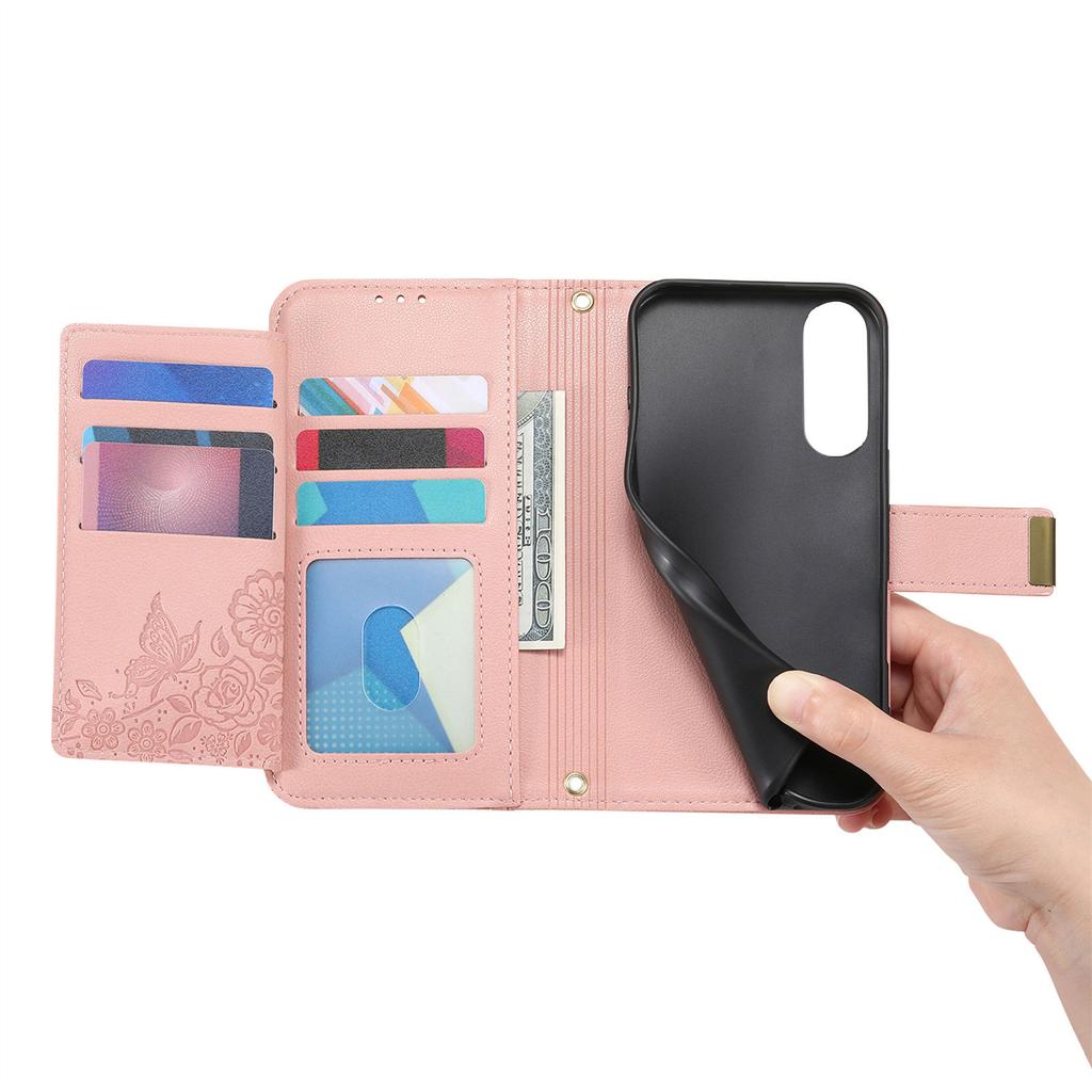 For Samsung Galaxy S25 Kantdeksel Blomstermønster Flere Kortplasser Glidelås Skinn Telefondeksel med Håndleddsstropp