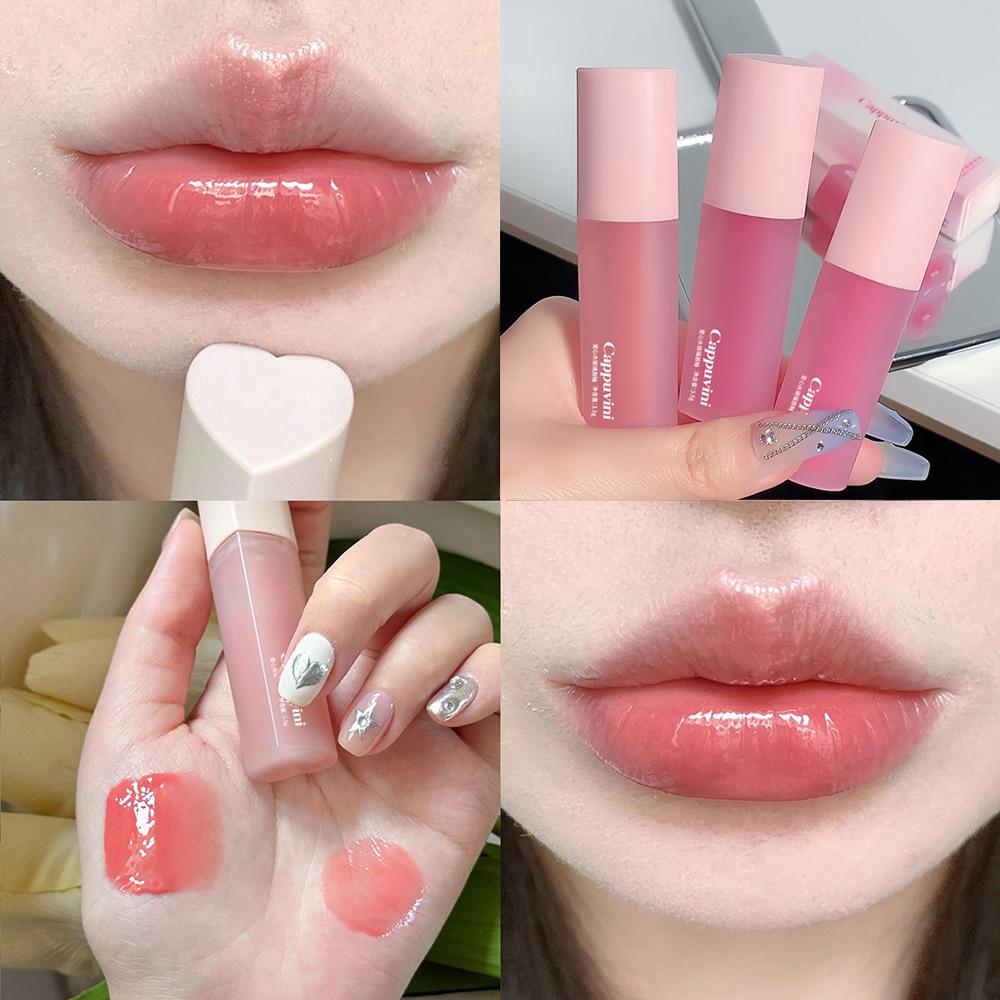 

CAPPUVINI Pink Love Heart Design Lip Glaze Mirror Water Light Glass Прозрачный блеск для губ Увлажняющая женская милая помада