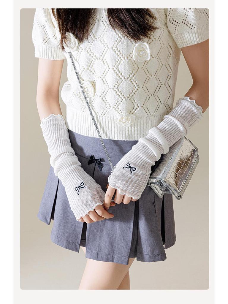 Y2K Millennial Lace-Up Ruffle Cute JK Lolita Bracelet Gloves with Ribbon Sleeves
