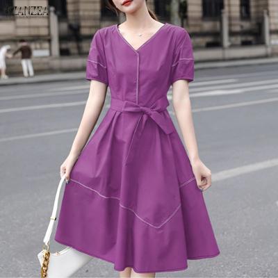 Women Casual V-Neck Summer Short Sleeve Dress