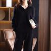 Women's Loose Leisure Two-piece Suit Long Sleeve Polo Collar Knit Top High Waist Wide Leg Pants Elegant Minimalist Solid Knit Tracksuit