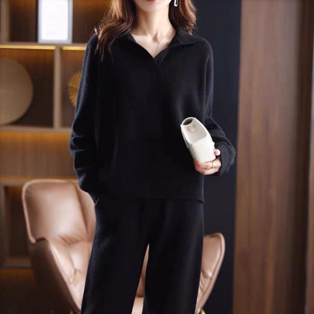Women's Loose Leisure Two-piece Suit Long Sleeve Polo Collar Knit Top High Waist Wide Leg Pants Elegant Minimalist Solid Knit Tracksuit