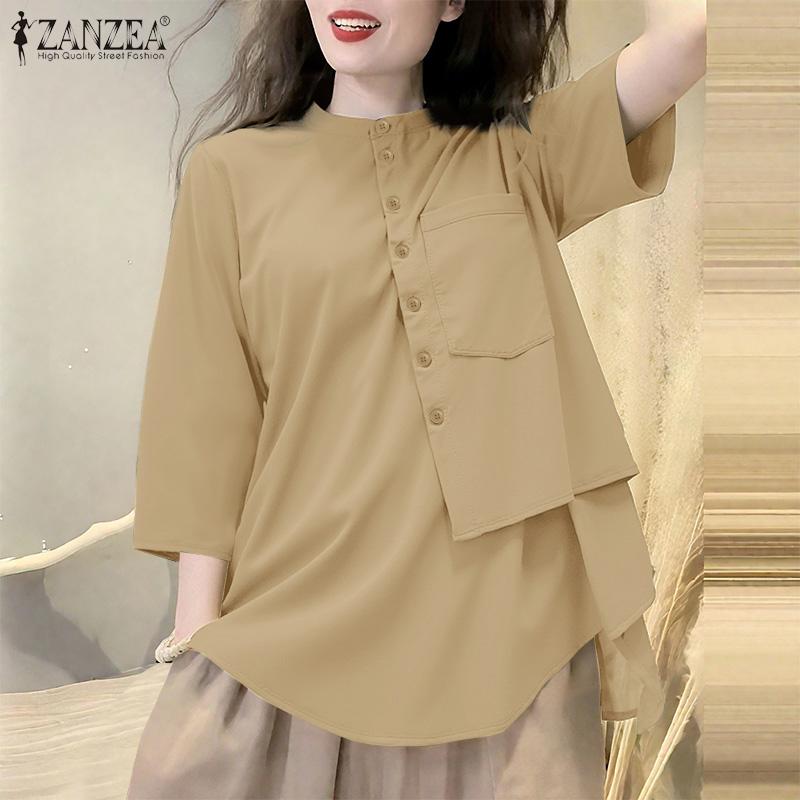 ZANZEA Women Casual Round Neck Half Sleeve Loose Retro Blouse