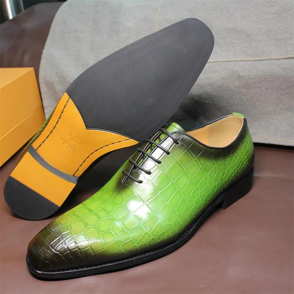 FELIX CHU Men's Genuine Cow Leather Shoes Crocodile Print Business Green Dress Shoes Formal Wedding Footwear for Spring Autumn