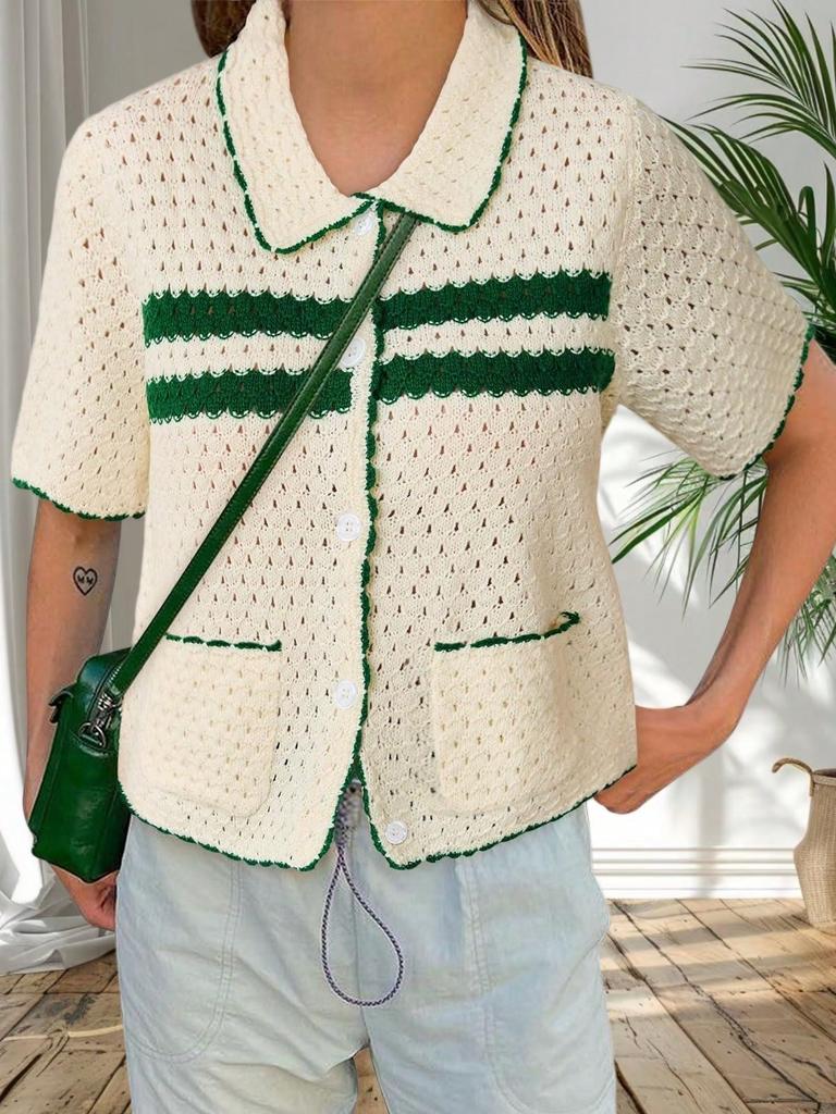 Women's Striped Crochet Knit Cardigan Short Sleeve Button Down Hollow Out Y2K Top