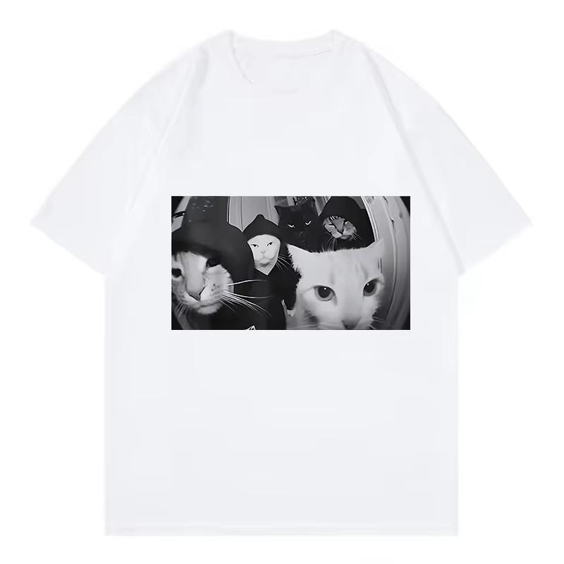 Streetwear Cat Print T Shirts Cat Tshirt Round Neck Unisex Women Oversized Short Sleeve Trendy Tee Shirt Streetwear Tops