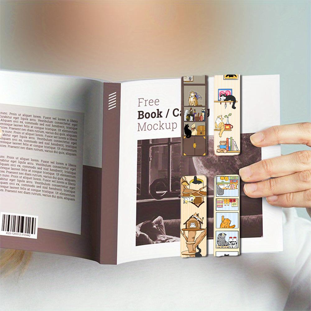 4pcs Cat World Magnetic Bookmarks Set, Cute Cat Cartoon Design Page Clips Book Marker, Unique Reading Gift Stationery