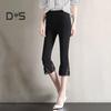 Women Cropped Pants Solid Color High Elastic Summer Flared Pants Lace Stitching Trim Tight Leggings with Pockets
