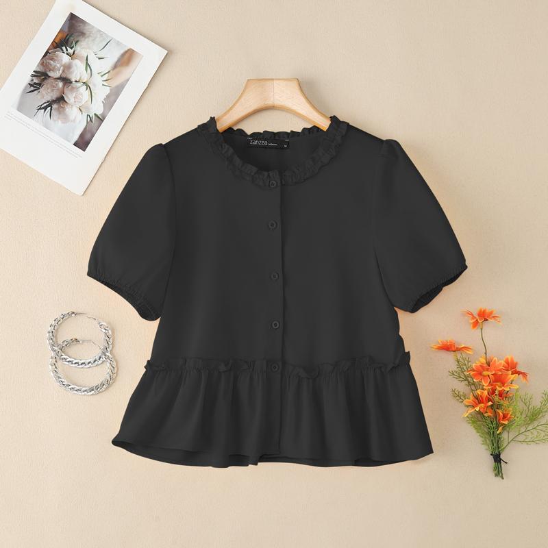 

ZANZEA Женская повседневная летняя блузка с круглым вырезом и коротким рукавом S чёрный