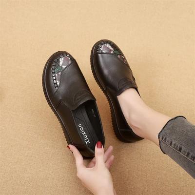 Fashion Vintage Genuine Leather Shoes Women Floral Print Ballet Flats Black Ladies Retro Loafers Elderly Flat Shoes Soft Wide Moccasins