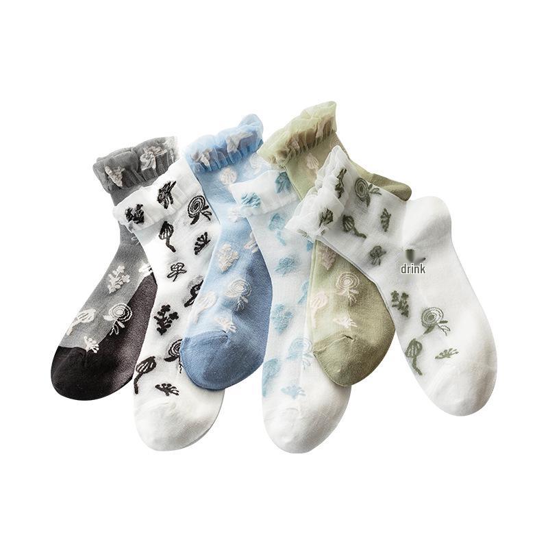 Love Heart Crystal Mid-Calf Glass Stockings with Cotton Sole and Lace - Japanese Style JK Women's Summer Socks.
