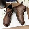Zamek błyskawiczny buty Martin męskie buty wysokie nowe brytyjski retro robocze buty męskie modne codzienne krótkie buty brązowe skórzane buty