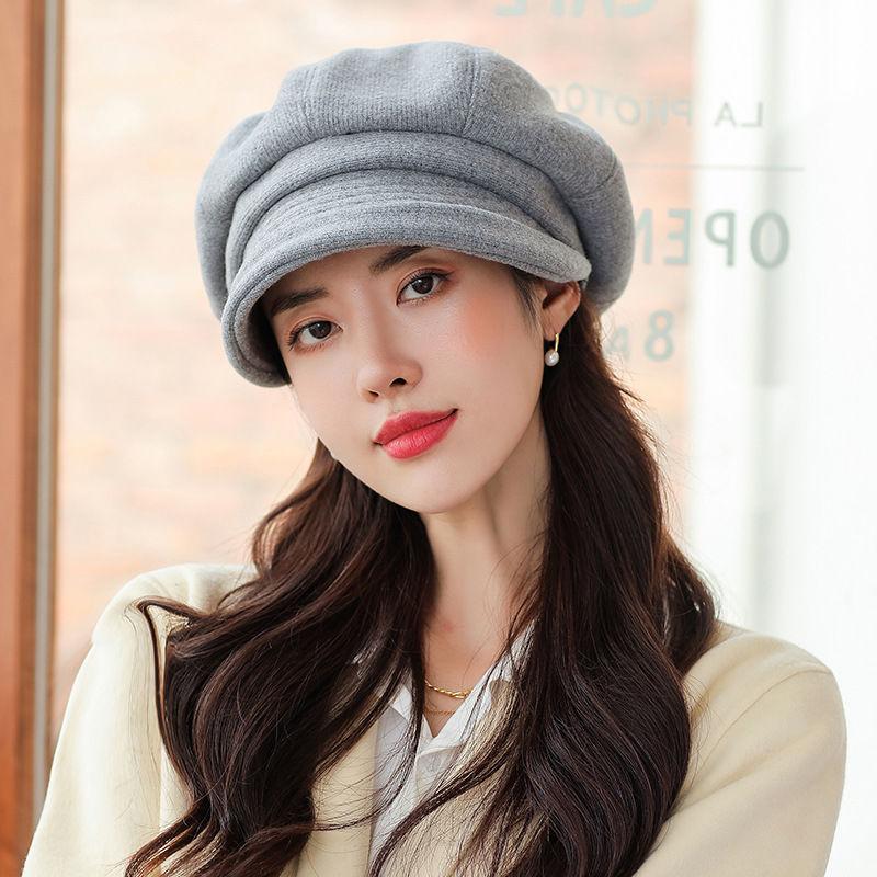 Chapéu octogonal de lã espessado primavera e outono cor sólida all-match retro boina chapéu