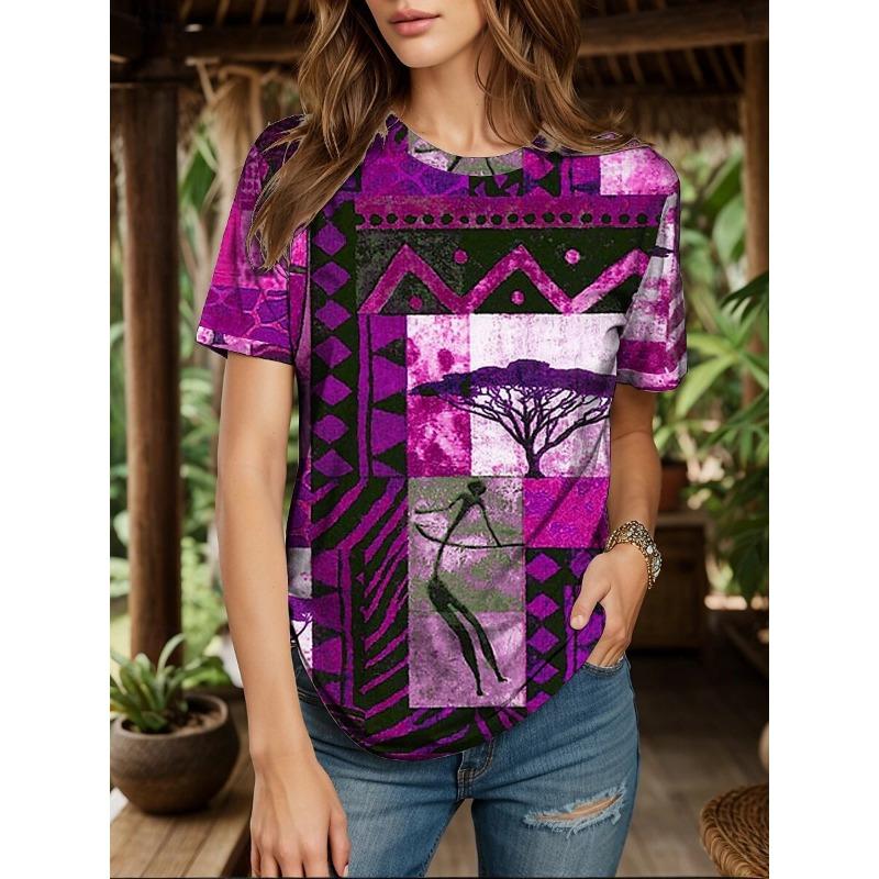 Women's T-Sleeve Geometric Color Matching Pattern Printing Bohemian Style Retro Ethnic Elements Short-Sleeved Women's Clothing