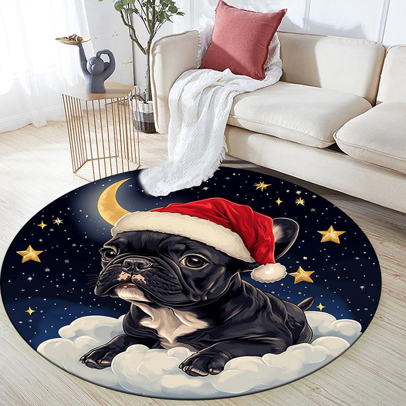 Christmas French Bulldog Round Area Rug,Carpet Rug for Living Room Bedroom Sofa Playroom Decor,Non-slip Floor Mat