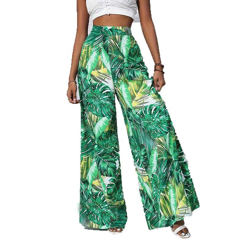 Cross-Border Bohemian Style Autumn New Fashion Leaves Print Loose Casual Elastic High Waist Wide Leg Pants Trousers