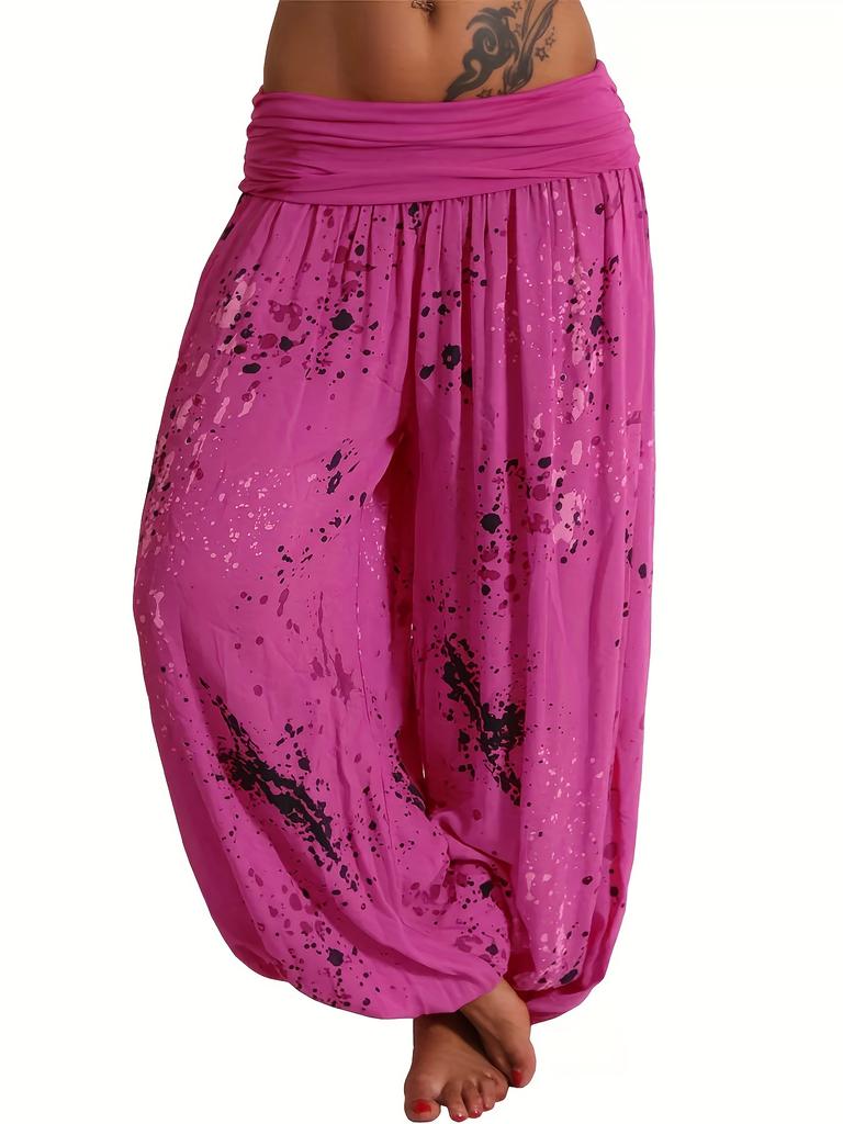 Women Casual Boho Print Pants Wide Leg Pants Loose Pocket Button Pants