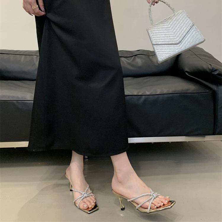 Square Head Rhinestone High-heeled Drag Women's Outer Wear 2025 Summer New Evening Wind Beauty One Foot Cool Slippers