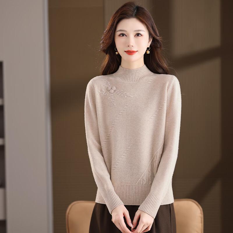 Fengxun Women's 100% Pure Wool Semi-High Neck Sweater