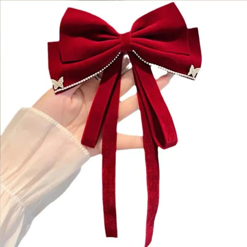 Red Velvet Bow Hair Clips for Women Girls Elegant Hairpin Spring Clip Fashion Ponytail Barrette Wedding Party Hair Accessories