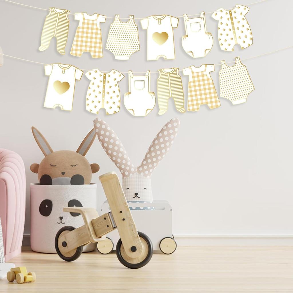 2pcs Neutral Gold Baby Shower Paper Garland, Pre-Assembled Baby Boy Banner Baby Girl Sign Gender Reveal Decorations Various Baby Clothes Banner for