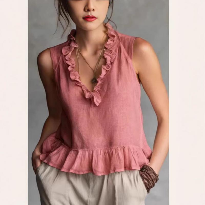 2026New Spring and Summer Sleeveless Ruffle Hem Women's Blouse