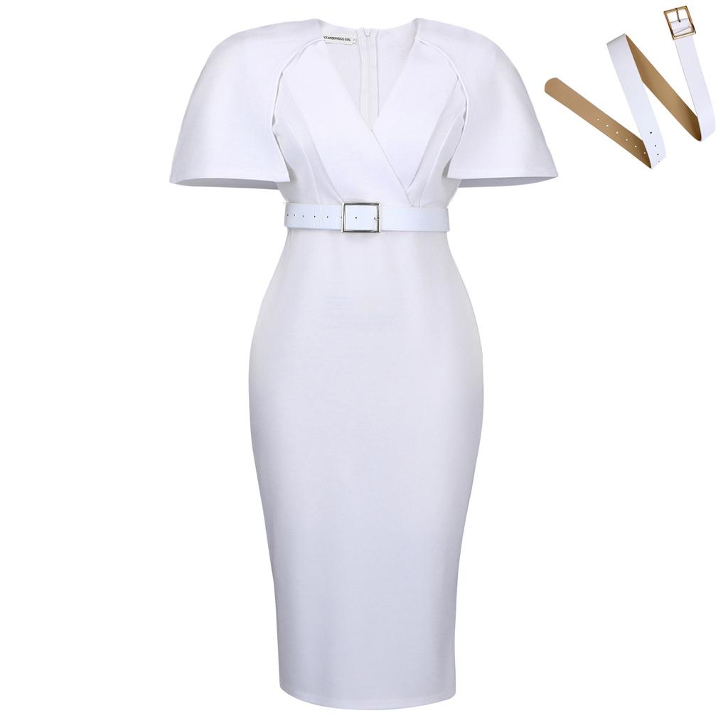 Damen Übergröße V-Ausschnitt Kurzarm Figurbetontes Midi-Kleid für den Arbeitsweg