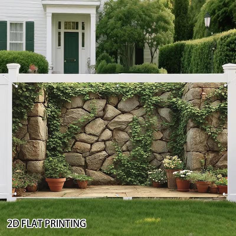 2D Rustic Boulder Stone Wall Terracotta Pot Plant Patio Privacy Screen