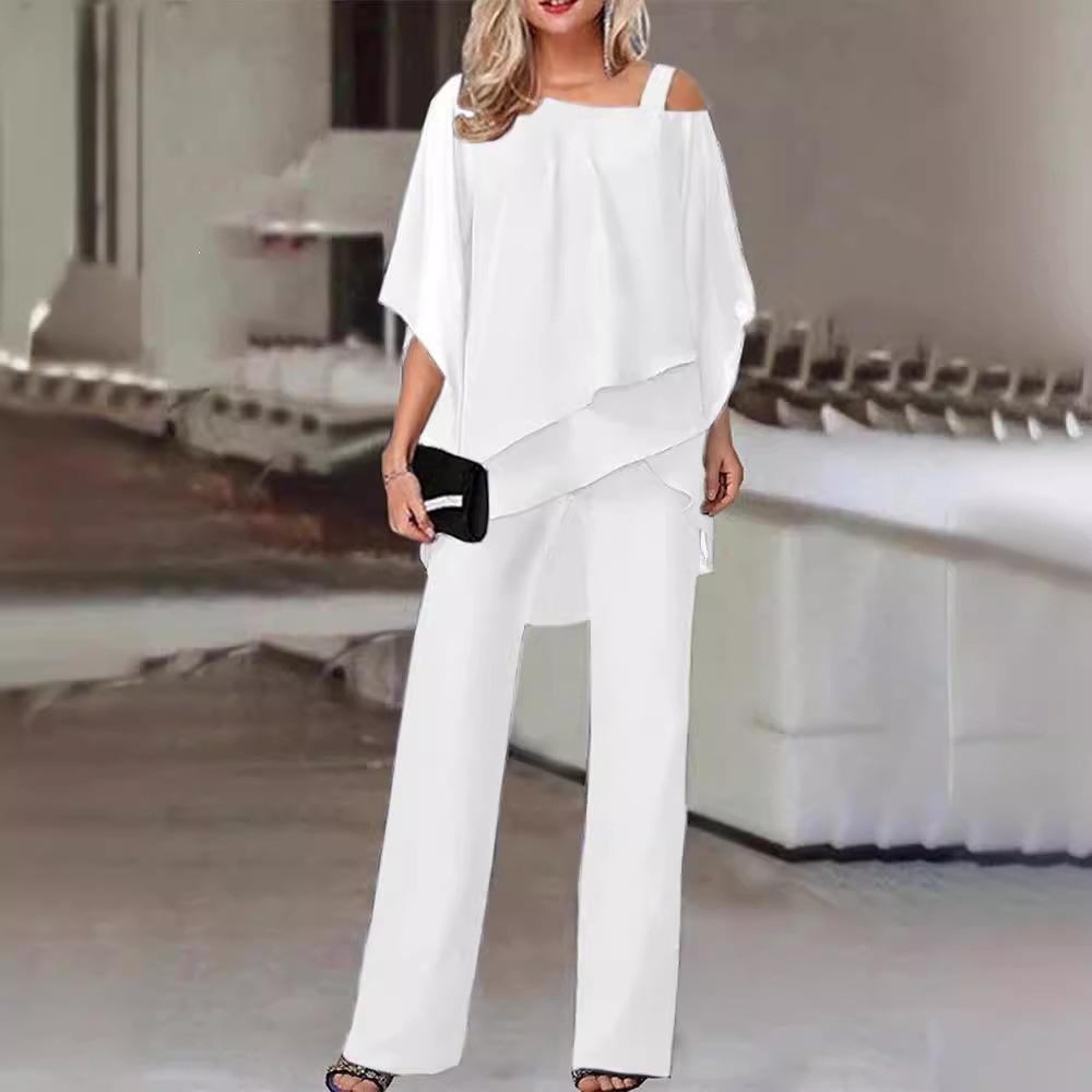 Damen Zweiteiliges Lockeres Hosen-Set Batwing Halbsleeve Chiffon Oberteil Hohe Taille Weiter Bein Hosen Elegantes Party-Kombinations-Outfit