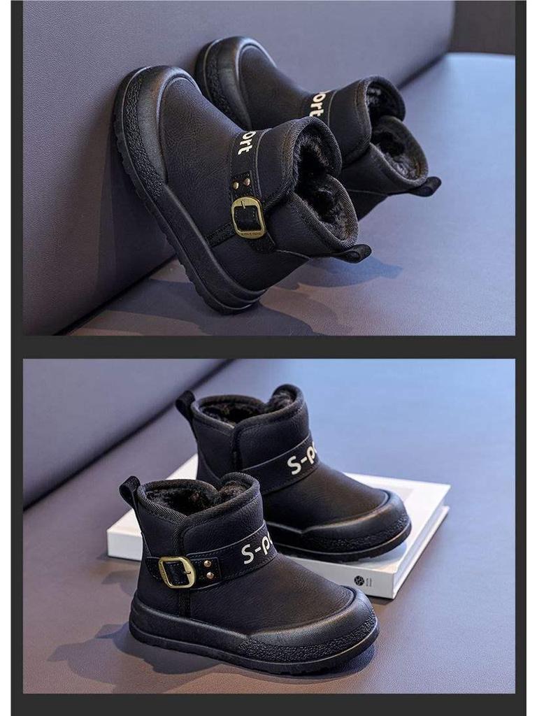 Boys' Waterproof Leather Snow Boots with Fleece – All-Season Warm Cotton Footwear