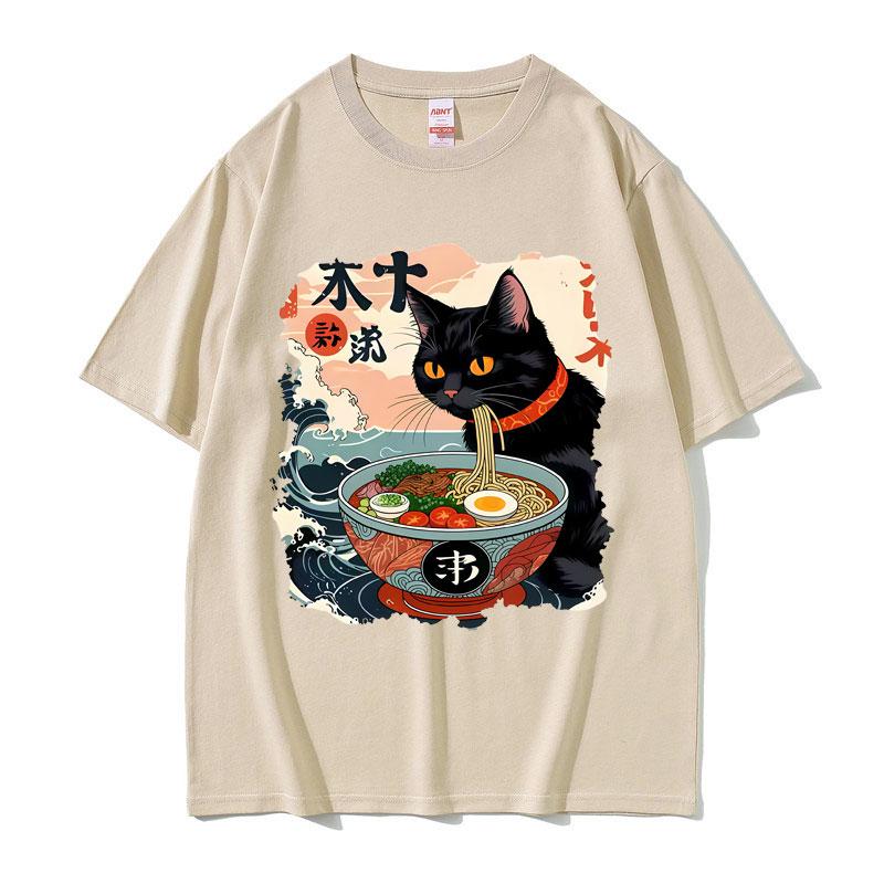 2025 Sommer Lustige Anime Ramen Katze Meme Vintage Japanisch Kawaii Nudelkatzen Grafik T-Shirts Herren Damen 100% Reine Baumwolle T-Shirt