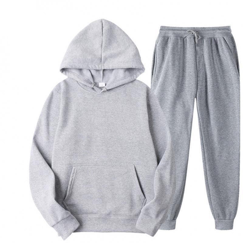 Fleece Hooded Set Fashion Casual Solid Color Sweatshirt Sweater Men's Two-piece Set