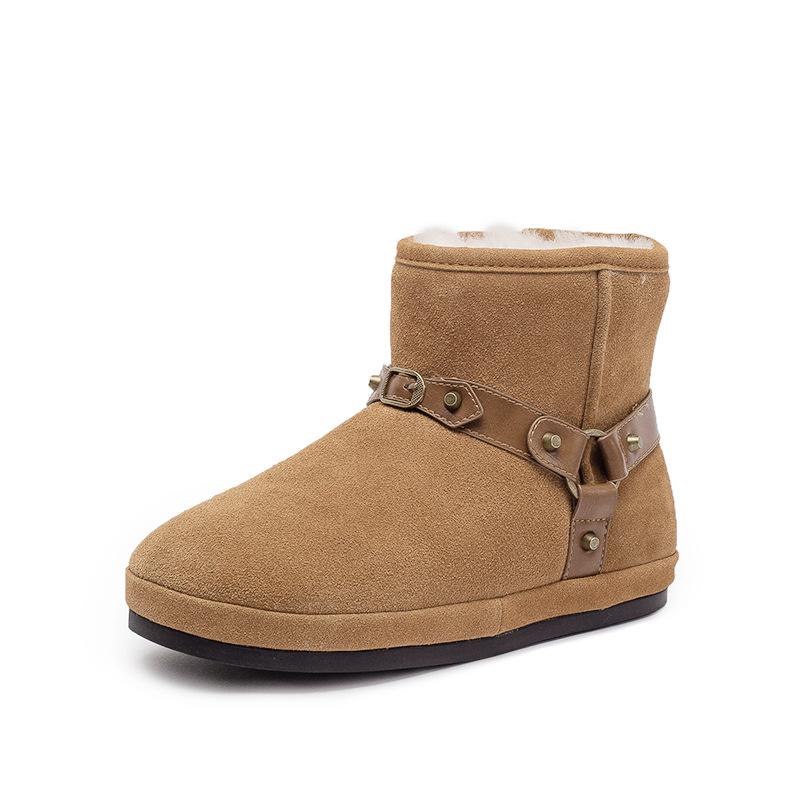 Retro-style Flat Snow Boots, One-piece Leather Round-toe Women s Cotton Shoes 40