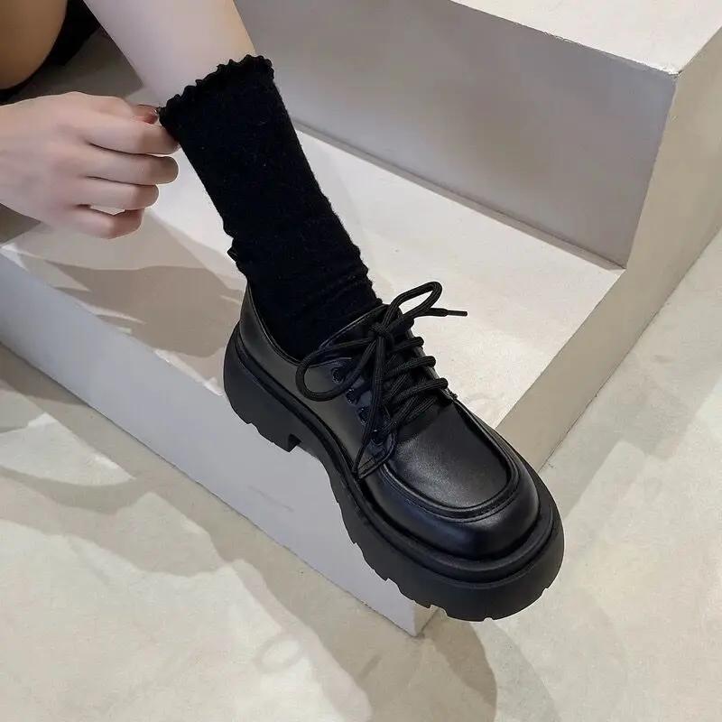 Fashion Thick Soled Small Leather Shoe Womens New Spring Versatile Black Single Shoes Sponge Cake Loafers Shoes for Women Platform Pumps