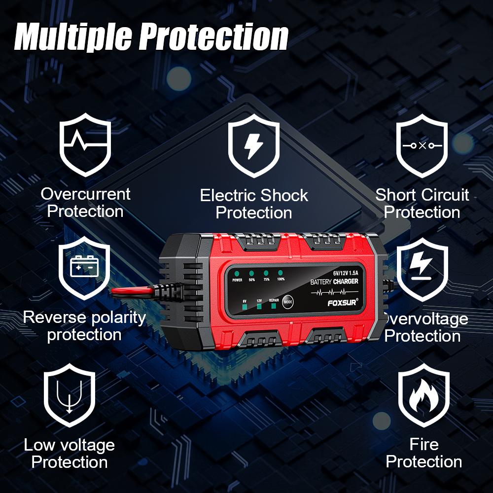 Full Intelligent Intelligent Pulse Repair Lead-Acid Battery Charger Car Motorcycle Battery 6V/12V 1.5A Multiple Protection Full Charge Self-stop