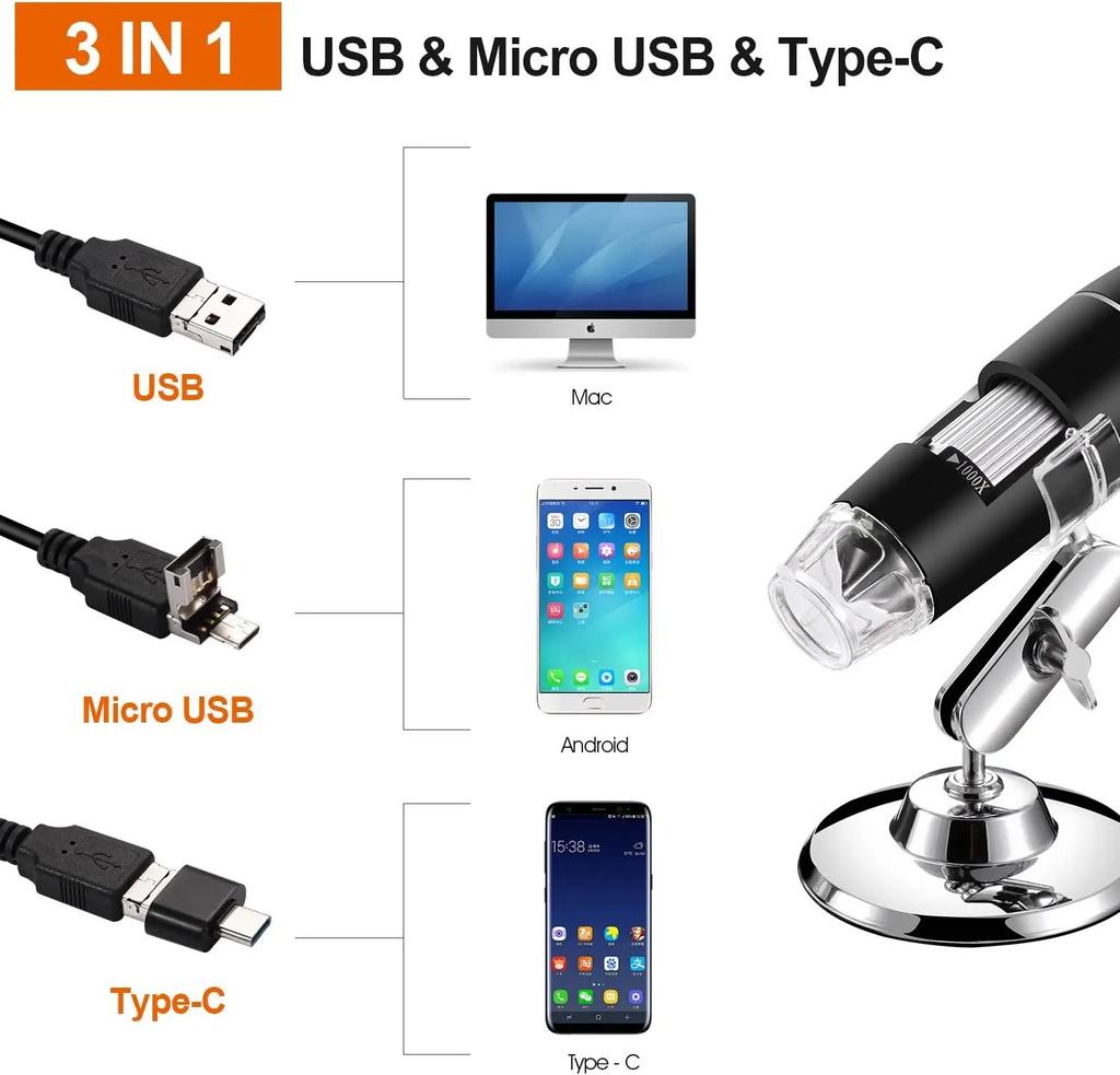 Handheld 3in1 Digital Microscope Camera 1000x Led Magnifier Portable Electronic Microscope For Soldering Cell Phone Repair