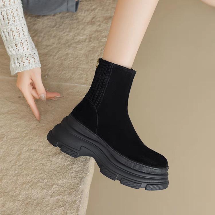 Thick-Soled Martin Boots Women'S Soft Leather Frosted Round-Toed Muffin Short Boots Winter High-Heeled Chimney Fashion Boots