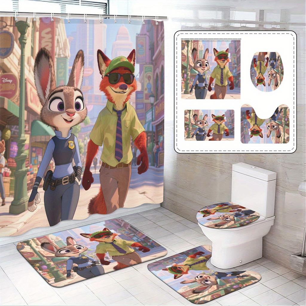 Disney Zootopia Movie Bathroom Accessories Set, 4 Pieces Waterproof Polyester Shower Curtain with Rings, Trendy Decor
