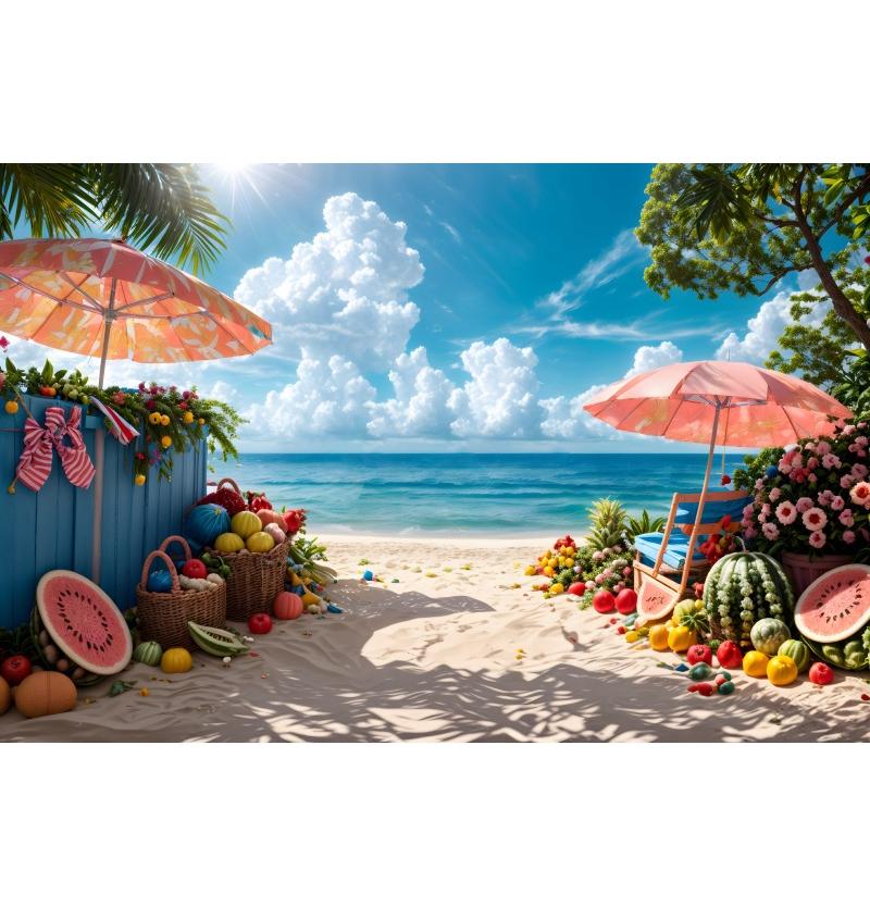 Summer Seaside Party Backdrops For Photography Tent Fruits Beach Palm Trees Holiday Camping Party Background Decor Photo Studio