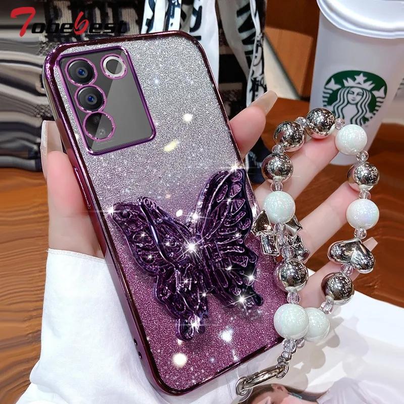 3D Butterfly Phone Holder Bead Bracelet Glitter Plating Case for Samsung Galaxy S24 S23 S22 S21 S20 FE Ultra S10 Plus Cover