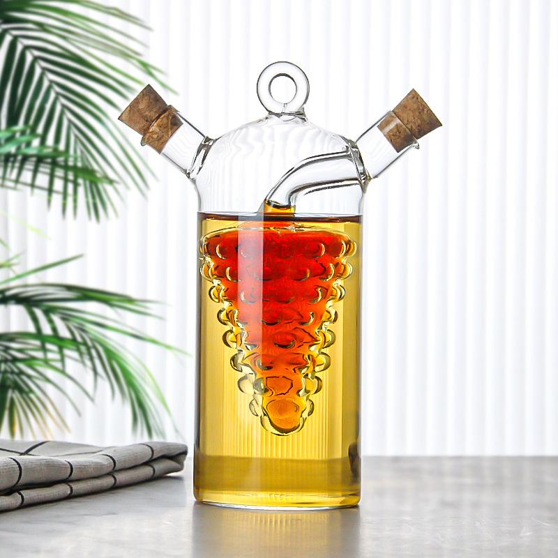 Double-layer Glass Oil Jug 2-in-1 Oil Vinegar Bottle Home Creative Double-mouth Cork Shaped Glass Oil Jug Kitchen Seasoning Tool