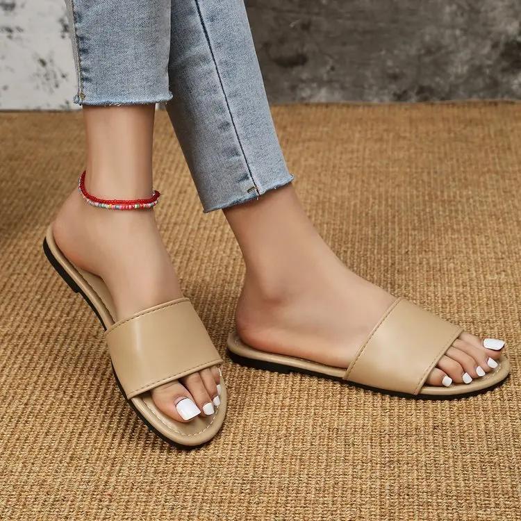 Mote Sommer Dame Tøfler Lær Firkantet Tå Dame Flats Flip Flops Designer Dame Slides Sandaler Damesko Luksussandaler