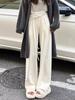 Women's Beige High-Waisted Wide-Leg Pants - Slimming, Loose-Fit, Floor-Length, Casual Spring/Autumn Style