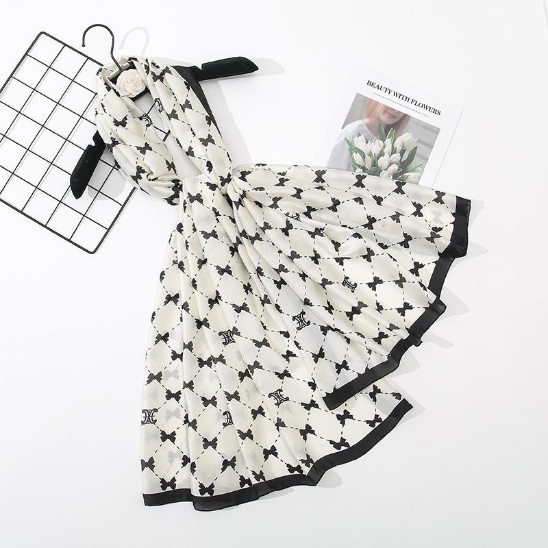 Fresh Black and White Bow Print Scarf Spring and Summer Thin Silk Scarf Air-conditioning Room Outside the Big Shawl Scarf