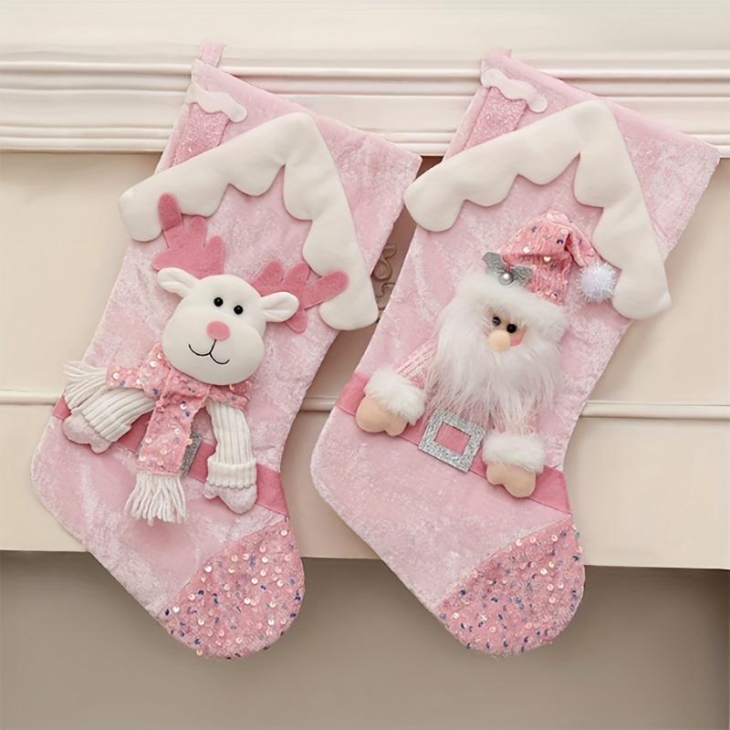 Festive Santa Claus Reindeer Christmas Stocking Pouches Pink Cartoon Roof Design with Santa Hat Scarf, Christmas Decorations