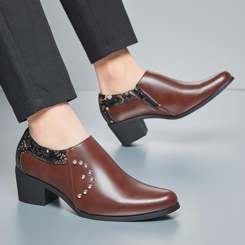 High Quality Leather Formal Dress Men's Loafers Pointed Toe Metal Tipped Handmade 5.8cm High Heels Man Wedding Party Shoes