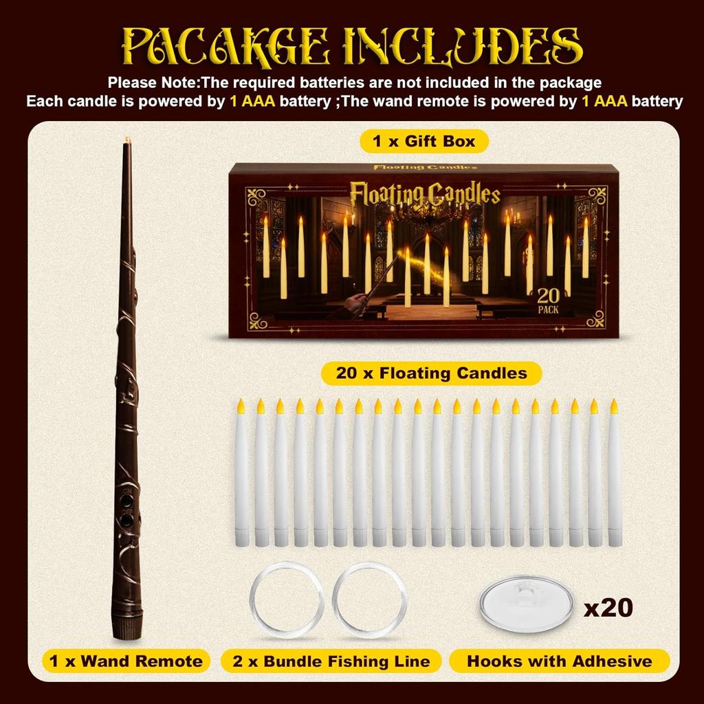 Halloween Decorations - Floating Candles with Wand - 20 Pcs Magic Hanging Flameless Floating LED Candles with Wand Remote - Decor for Indoor Outdoor